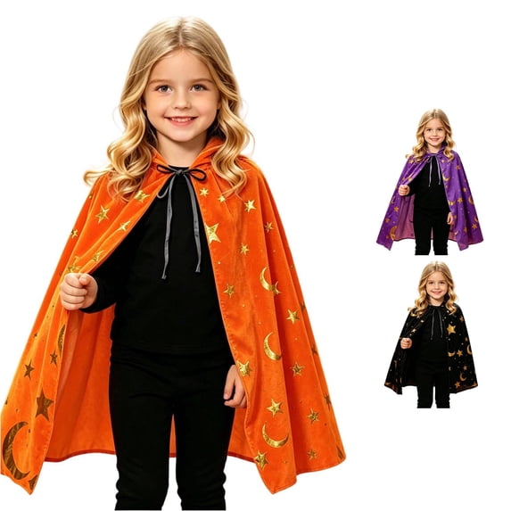 JAJAHO Kids Halloween Cloak Boys Girls Lace Up Star Moon Printed Hooded Party Cape For Trick-or-Treating