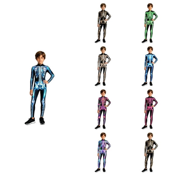 JAJAHO Kids Halloween Jumpsuit Boys Girls Skeleton Print Zipper Front Stretchy One-Pieces 7-14Y