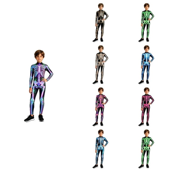 JAJAHO Kids Halloween Jumpsuit Boys Girls Skeleton Print Zipper Front Stretchy One-Pieces 7-14Y