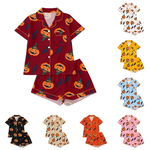JAJAHO Kids Halloween Pajamas Set Boys Girls Short Sleeve Pumpkin Pajama Button Down 2 Piece Pjs 3-14Y