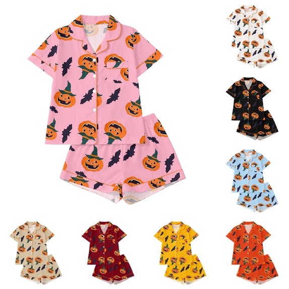 JAJAHO Kids Halloween Pajamas Set Boys Girls Short Sleeve Pumpkin Pajama Button Down 2 Piece Pjs 3-14Y