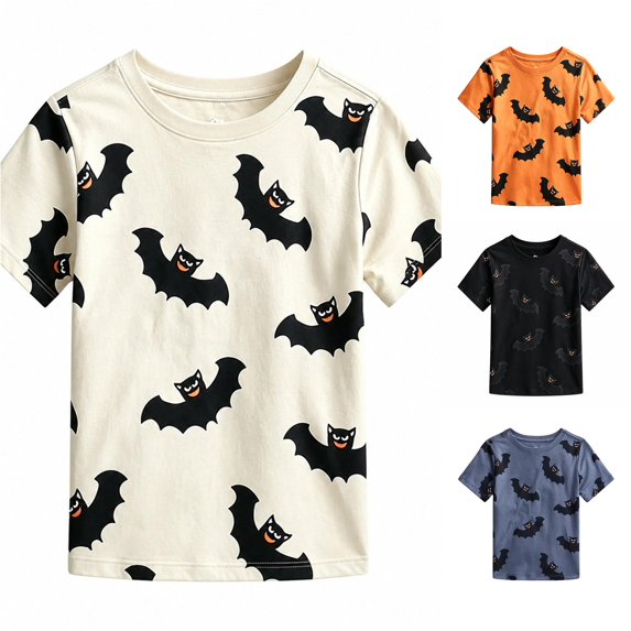 JAJAHO Kids Halloween T Shirts Bat Print Short Sleeve Crew Neck Graphic Tees For Boys Girls 4-13Y