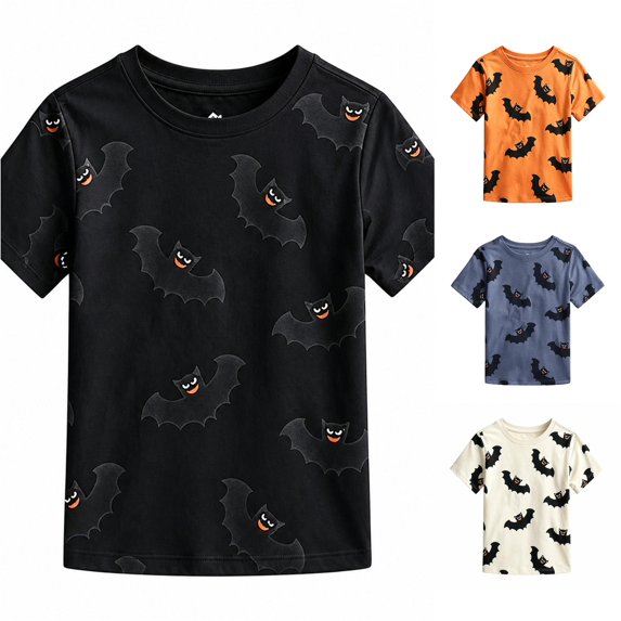 JAJAHO Kids Halloween T Shirts Bat Print Short Sleeve Crew Neck Graphic Tees For Boys Girls 4-13Y