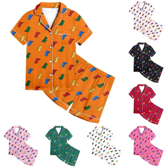 JAJAHO Kids Pajamas For Girls Set Cartoon Dinosaur Printed Summer Short Sleeve Sleepwear 2 Piece Set 2-13Y