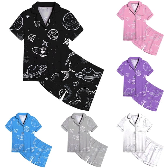 JAJAHO Kids Satin Pajamas Set Boys Girls Cartoon Rocket Printed Button Up Shirts And Shorts 2 Piece Set 2-13Y
