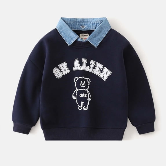 JAJAHO Kids Sweatshirt For Boys Girls Fuzzy Lining Cartoon Printed Long Sleeve Patchwork Collared Pullover Tops 1-10Y