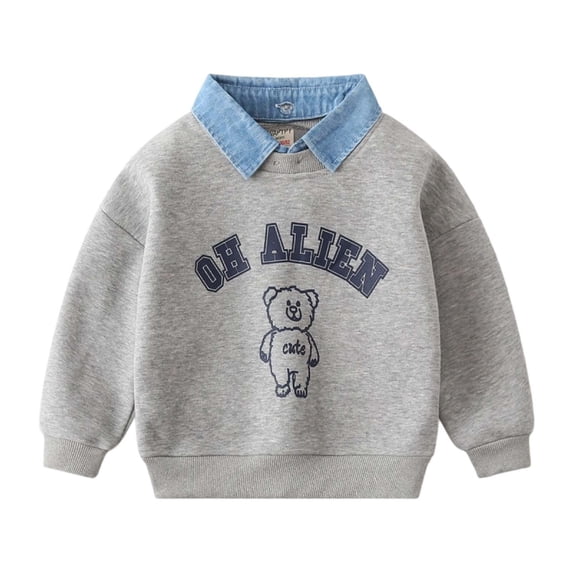 JAJAHO Kids Sweatshirt For Boys Girls Fuzzy Lining Cartoon Printed Long Sleeve Patchwork Collared Pullover Tops 1-10Y