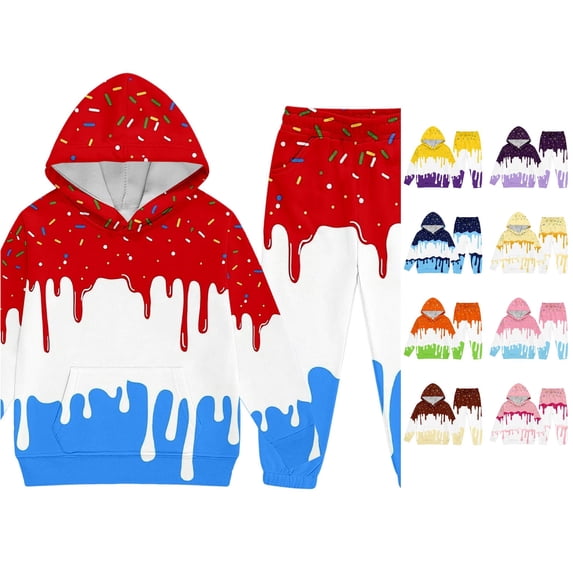 JAJAHO Kids Sweatsuit Boys Girls Ice Cream Print Outfit Long Sleeve Hoodies And Sweatpants 2 Piece Set 2-13Y