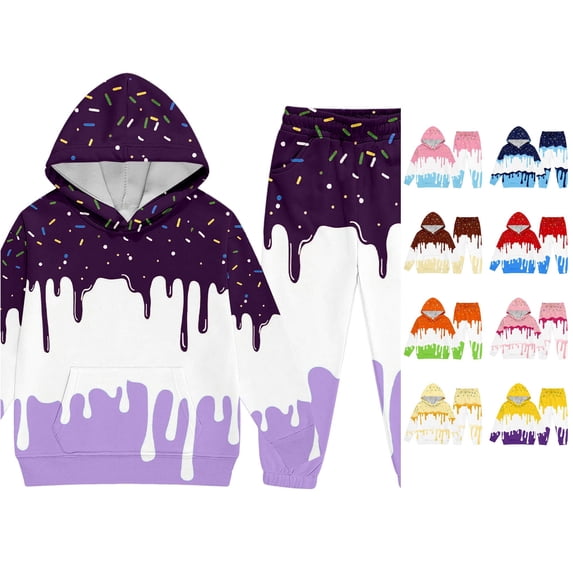 JAJAHO Kids Sweatsuit Boys Girls Ice Cream Print Outfit Long Sleeve Hoodies And Sweatpants 2 Piece Set 2-13Y
