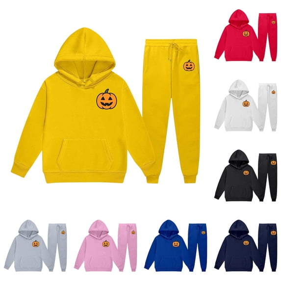 JAJAHO Kids Sweatsuits 2 Piece Halloween Outfits Sizes 2-13 Pumpkin Print Hoodie And Sweatpants Set Fall Winter Tracksuits