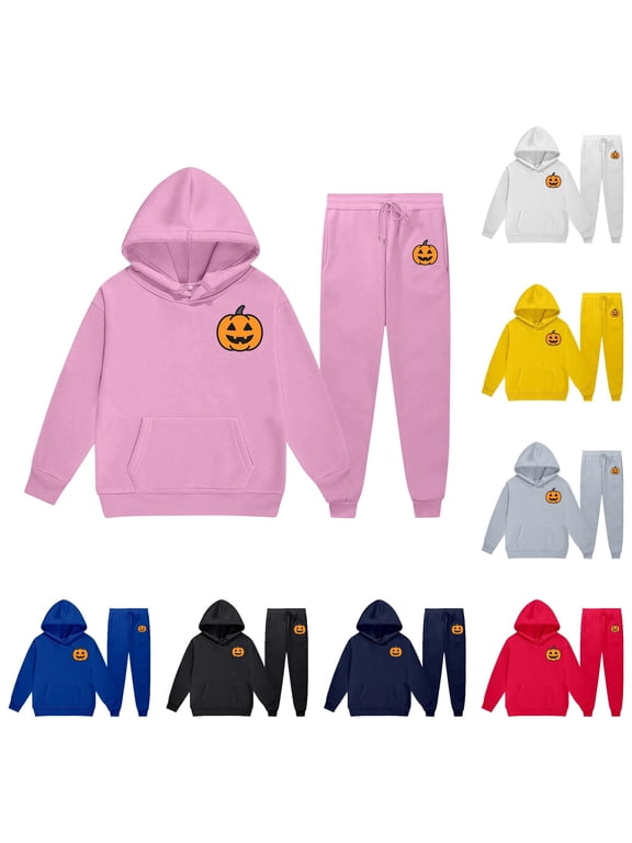Kids Sweatsuits 2 Piece Halloween Outfits Sizes 2-13 Pumpkin Print Hoodie And Sweatpants Set Fall Winter Tracksuits