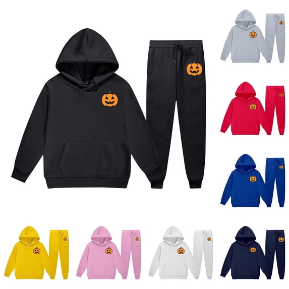 JAJAHO Kids Sweatsuits 2 Piece Halloween Outfits Sizes 2-13 Pumpkin Print Hoodie And Sweatpants Set Fall Winter Tracksuits