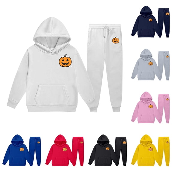 JAJAHO Kids Sweatsuits 2 Piece Halloween Outfits Sizes 2-13 Pumpkin Print Hoodie And Sweatpants Set Fall Winter Tracksuits