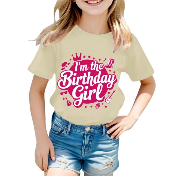 JAJAHO Kids T Shirts Birthday Girls Short Sleeve Toddlers Casual Letter Printed Round Neck Tee Shirt Ages 0-13 Years Cozy Tops