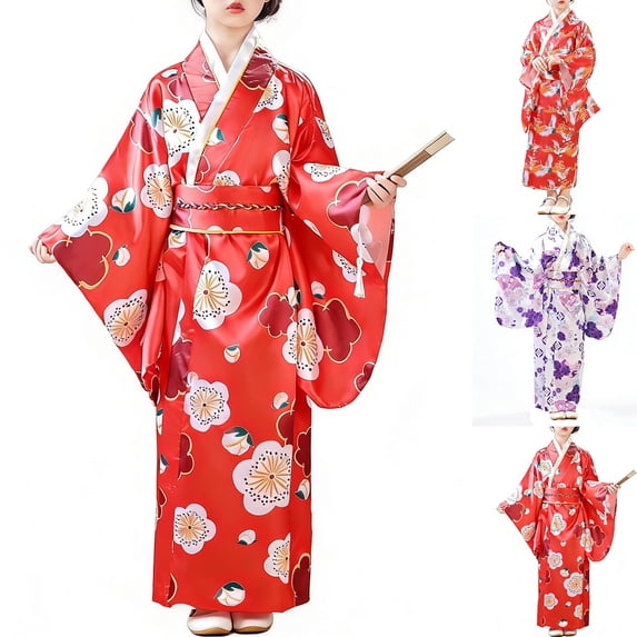 JAJAHO Kimono Dresses For Girl Floral Print Long Sleeve Silk Satin Party Maxi Dress Size 2-10T Stylish Dresses