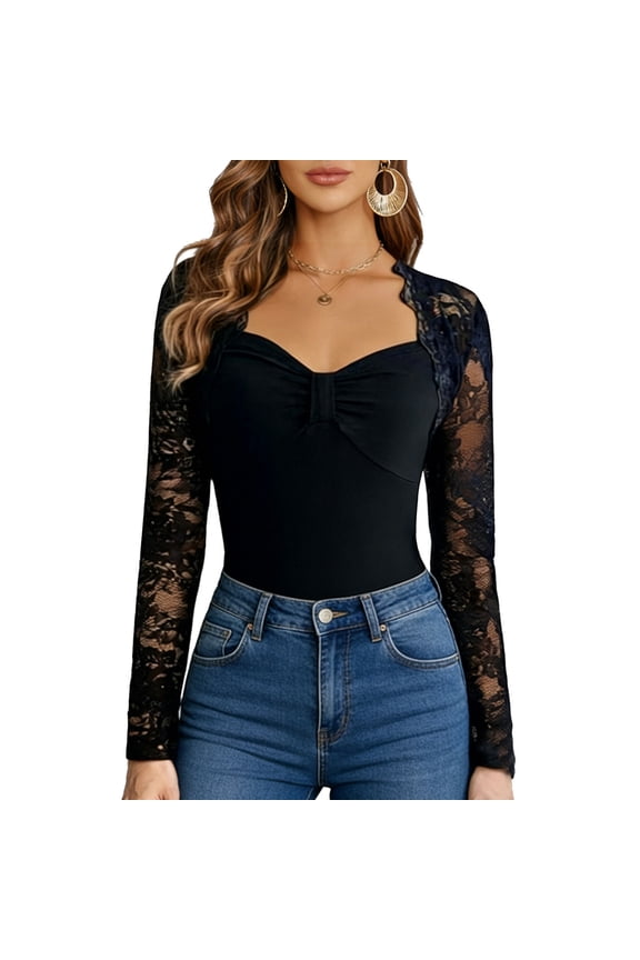 Lace Trim Shirts For Women Long Sleeve Slim Fit T Shirt Sweetheart Neck Twist Front 2026 Spring Undershirts Stylish Tops