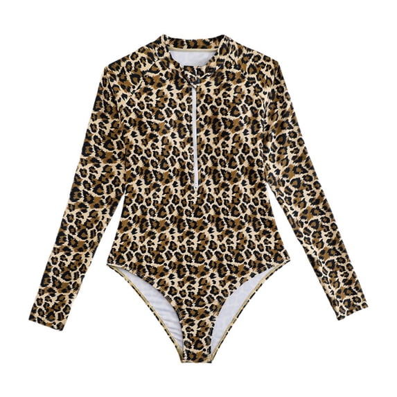 JAJAHO Leopard Print One Piece Swimsuit For Girls Long Sleeve Kids Bathing Suit Rash Guard Zipper High Cut Beachwear Sun Protection Soft Swimwear