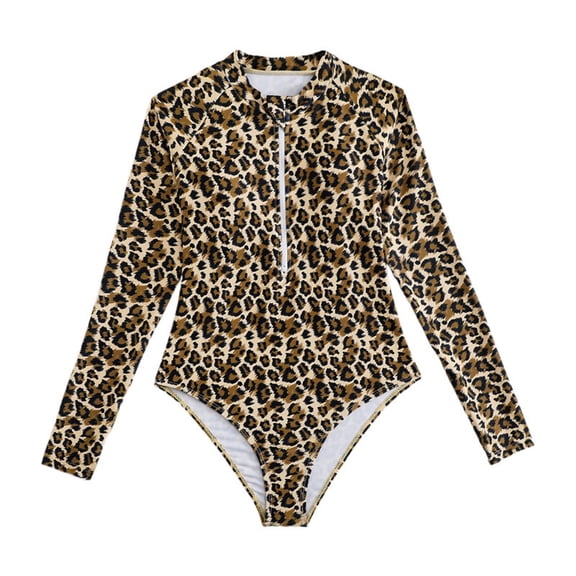JAJAHO Leopard Print One Piece Swimsuit For Girls Long Sleeve Kids Bathing Suit Rash Guard Zipper High Cut Beachwear Sun Protection Soft Swimwear