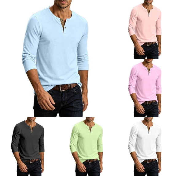 JAJAHO Linen Shirts For Men Long Sleeve Henley T Shirt Casual Regular Fit Spring Fall Solid Color Base Layer Undershirts Comfy Tops