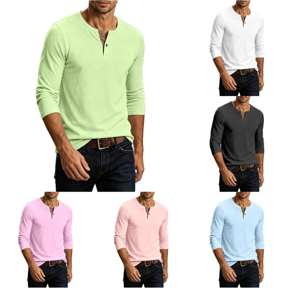 JAJAHO Linen Shirts For Men Long Sleeve Henley T Shirt Casual Regular Fit Spring Fall Solid Color Base Layer Undershirts Trendy Tops