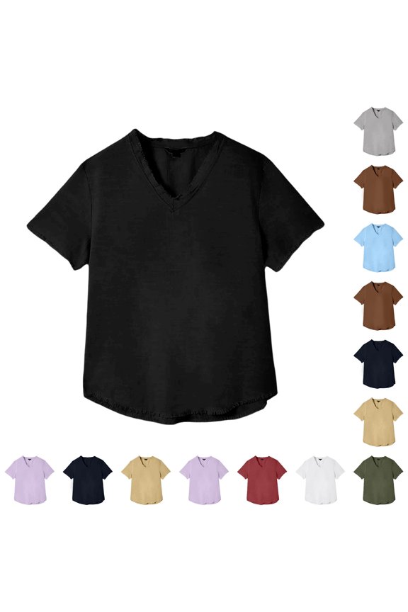 Linen Shirts For Men Solid Color Basic Tees V Neck Short Sleeve Vintage Row Hem Beach T Shirt Plain Soft Tops