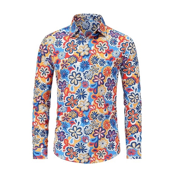 JAJAHO Long Sleeve Button Down Shirts Men Hawaiian Floral Vacation Collared Hippie Regular Fit Beach Shirts For Men Versatile Tops