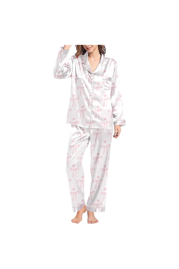 Long Sleeve Pajamas Set For Women Spring Summer Silk Satin Button Down Sleepwear Notch Lapel Shirts And Pants Bow Printed 2 Piece Set Leisure Home Clothes