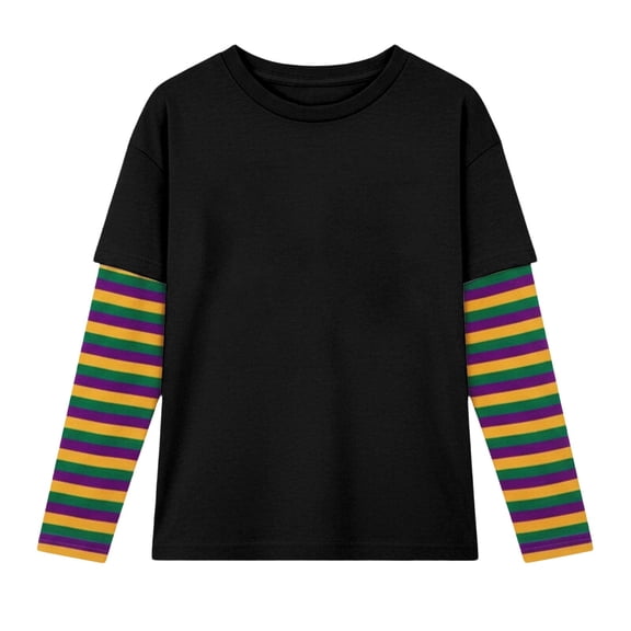 JAJAHO Long Sleeve Shirt For Kids Boys Girls 2 In 1 T Shirt Y2K Striped Loose Fit Crewneck Tee Comfortable Playwear 2-12 Years Trendy Tops