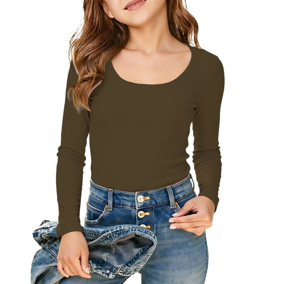 JAJAHO Long Sleeve Shirts For Girls Basic Tee Ribbed Slim Fit Scoop Neck Base Layering Undershirts For Kids Teens 5-14 Years Comfortable Tops