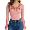 thumbnail image 1 of JAJAHO Long Sleeve Shirts For Women Lace Trim Rhinestone Scoop Neck Solid Color Top Slim Fit 2026 Spring Outfits Cozy Tops, 1 of 6