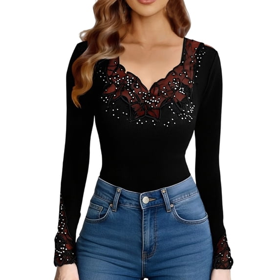 JAJAHO Long Sleeve Shirts For Women Lace Trim Rhinestone Scoop Neck Solid Color Top Slim Fit 2026 Spring Outfits Trendy Tops