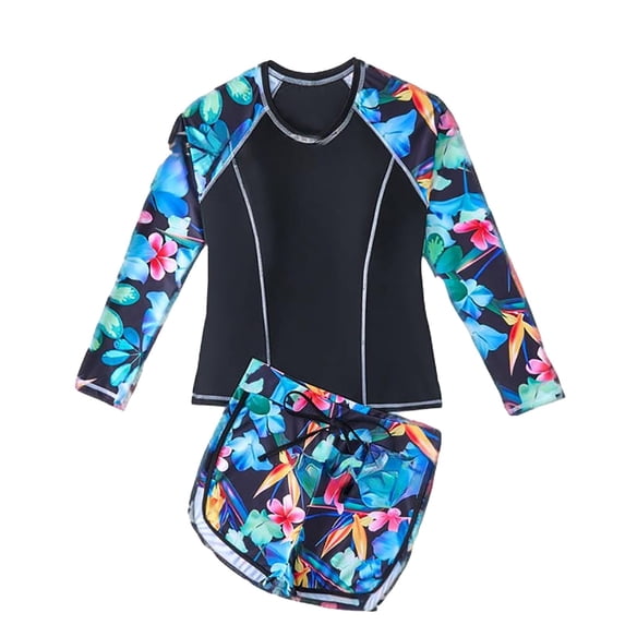 JAJAHO Long Sleeves Rash Guard Girls Swimsuit With Drawstring Shorts 2 Piece Set Floral Print Swim Tankini Trunks Sets Cozy Swimwear