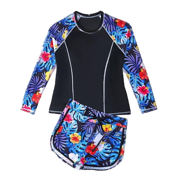 JAJAHO Long Sleeves Rash Guard Girls Swimsuit With Drawstring Shorts 2 Piece Set Floral Print Swim Tankini Trunks Sets Stylish Swimwear