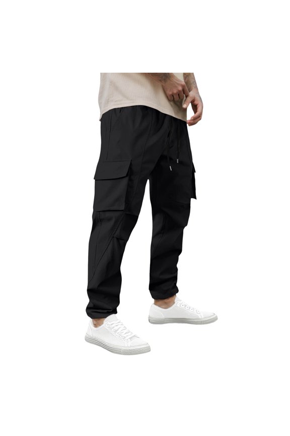 Loose Fit Men's Cargo Pants With Side Pockets Elastic Drawstring Waist Solid Color Straight Leg Pants Stylish Trousers