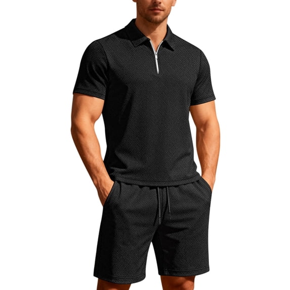 JAJAHO Men's 2 Piece Set Short Sleeve Quarter Zip Collared Shirts And Drawstring Shorts Texture Summer Beach Vacation Clothes Soft Outfit