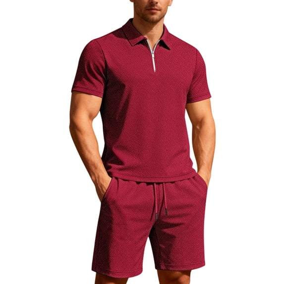 JAJAHO Men's 2 Piece Set Short Sleeve Quarter Zip Collared Shirts And Drawstring Shorts Texture Summer Beach Vacation Clothes Trendy Outfit