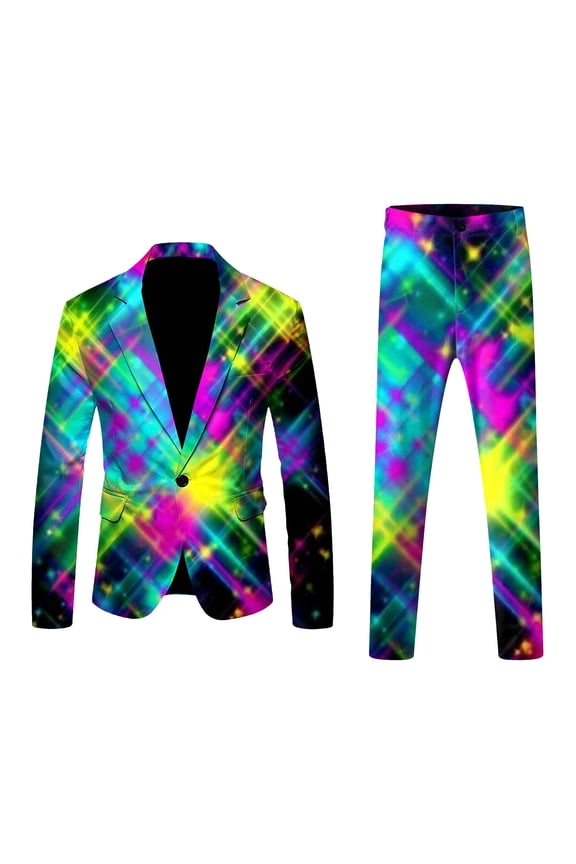 Men's Carnival Suit Set Lapel Button Up Long Sleeve Funny Printed Casual Suit Jacket Straight Leg Dress Pants 2 Piece Comfortable Outfit