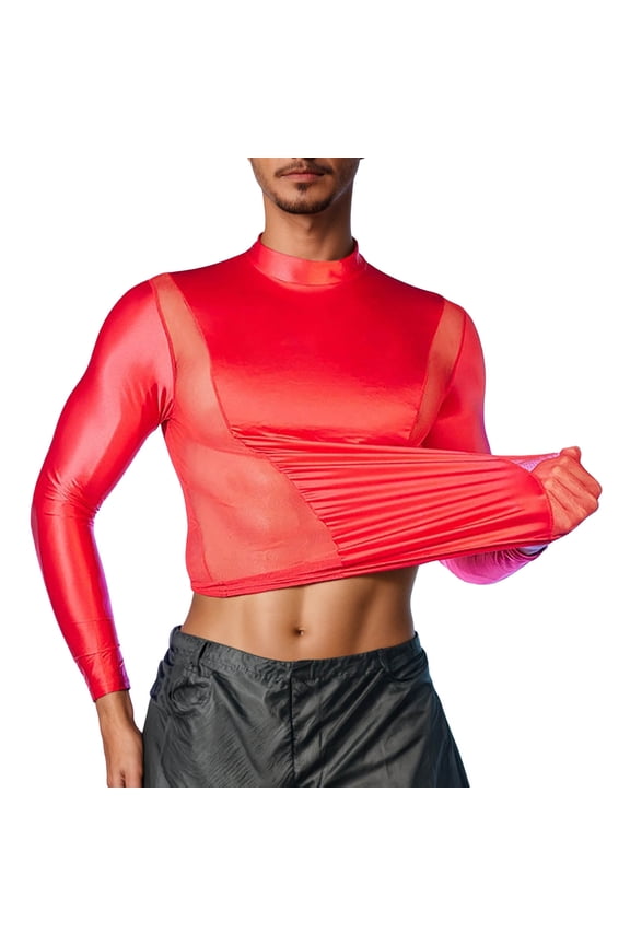 Men's Metallic Long Sleeve Shirts Nightclub Wear High Neck Slim Fit Breathable T Shirt Performance Clothing Cozy Tops