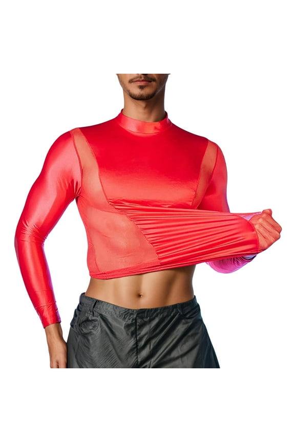 Men's Metallic Long Sleeve Shirts Nightclub Wear High Neck Slim Fit Breathable T Shirt Performance Clothing Versatile Tops