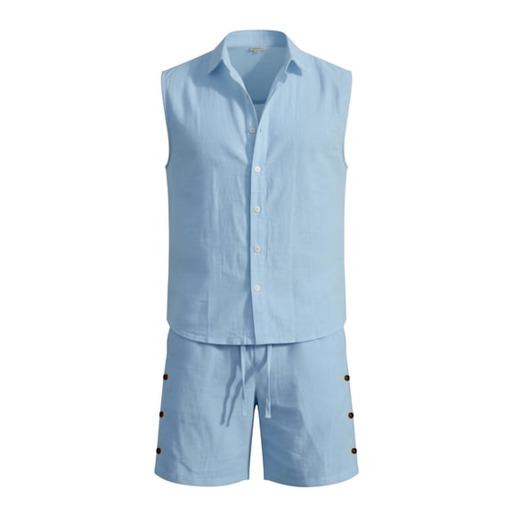 JAJAHO Mens 2 Piece Set Summer Linen Casual Sleeveless Button Up Collared Tank Top Drawstring Shorts Solid Color Trendy Outfit