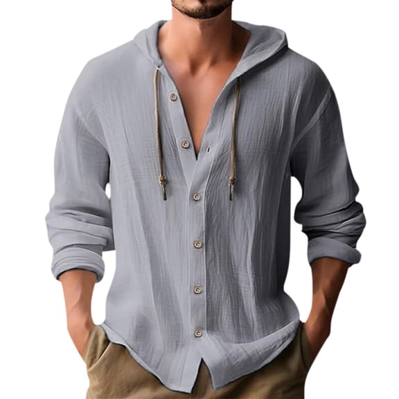 JAJAHO Mens Button Down T Shirts Casual Cotton Linen Hooded Drawstring Long Sleeve Summer Beach Lightweight Solid Color Shirt Casual Trendy Tops