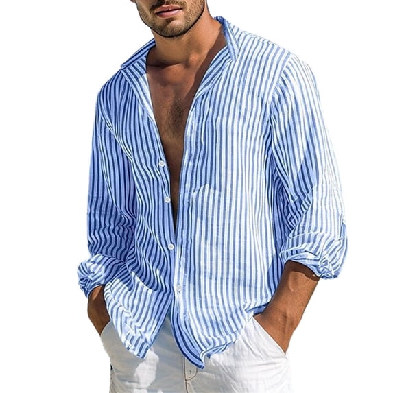JAJAHO Mens Button Up Dress Shirts Striped Casual Beach Shirt Long Sleeve Lightweight Collared Summer Spring Formal Business Wear Cozy Tops