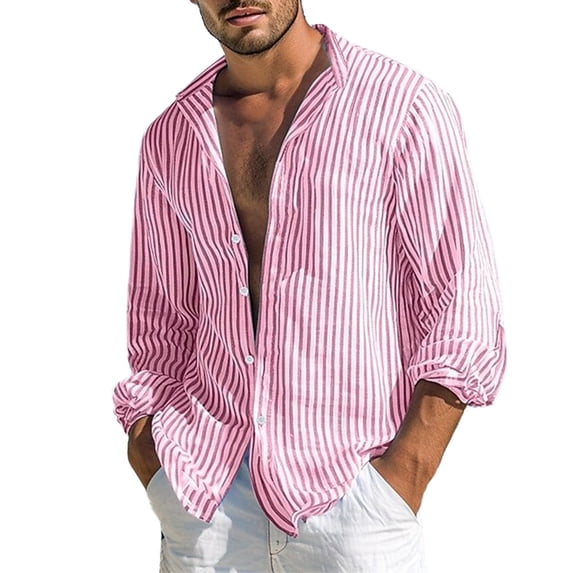 JAJAHO Mens Button Up Dress Shirts Striped Casual Beach Shirt Long Sleeve Lightweight Collared Summer Spring Formal Business Wear Versatile Tops