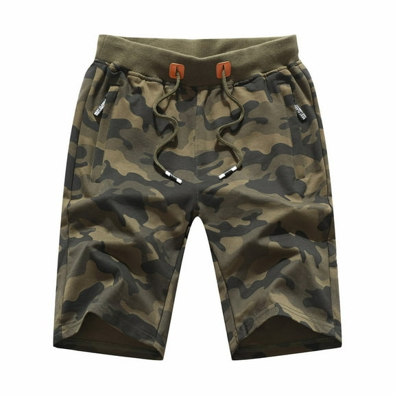 JAJAHO Mens Camo Sports Shorts With Zipper Pockets Loose Fit Straight Leg Drawstring Shorts For Athletic Running Versatile Bottoms