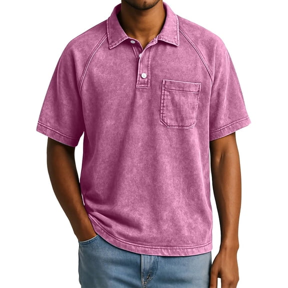 JAJAHO Mens Denim Polo Shirts Distressed Washed Raglan Short Sleeve Button Down Collared Pocket T Shirt Casual Loose Fit Fashion Streetwear Cozy Tops