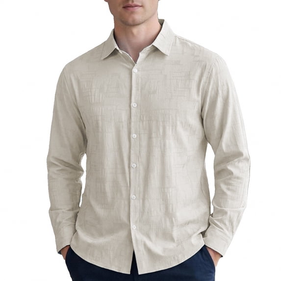 JAJAHO Mens Dress Shirts Textured Linen Long Sleeve Business Casual Button Down Collared Shirt Formal Wedding Wear Classic Tops