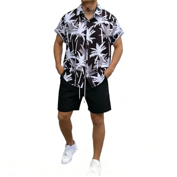 JAJAHO Mens Hawaii Lightweight Casual 2 Piece Outfits Short Sleeve Button Down Collared Shirt And Shorts Set Summer Beach Vacation Comfortable Outfit