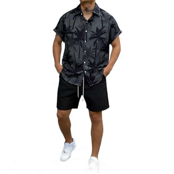 JAJAHO Mens Hawaii Lightweight Casual 2 Piece Outfits Short Sleeve Button Down Collared Shirt And Shorts Set Summer Beach Vacation Versatile Outfit