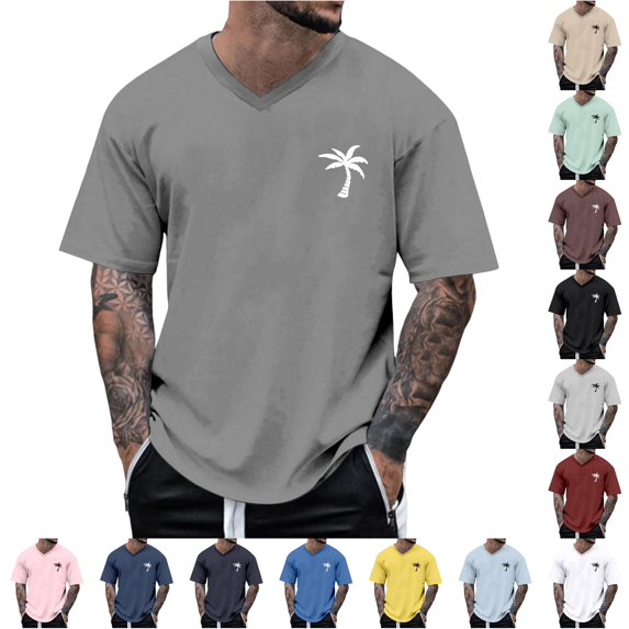 JAJAHO Mens Hawaiian T Shirt Summer Beach Vacation Clothes V Neck Coconut Tree Print Short Sleeve Graphic Tees Trendy Tops