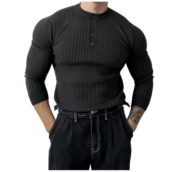 JAJAHO Mens Henley Long Sleeve Shirts Slim Fit Ribbed Basic Tee Solid Color Base Layer Undershirts Spring Fall Trendy Tops